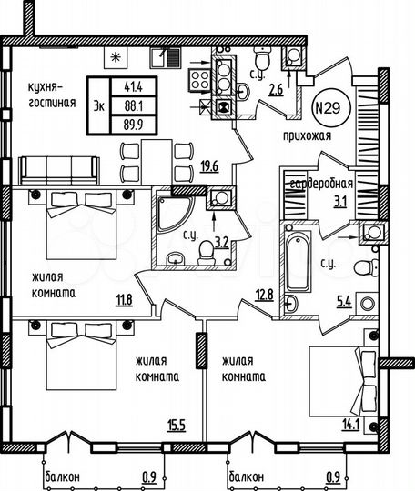 3-к. квартира, 89,9 м², 1/9 эт.