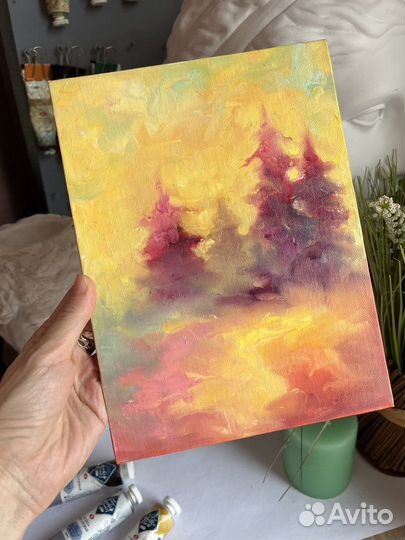 Картина пейзаж, рассвет в лесу, 18/24 см