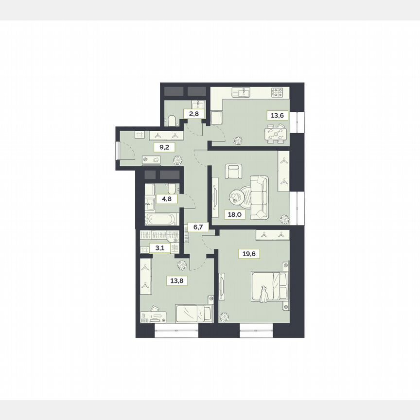 3-к. квартира, 91,9 м², 21/27 эт.