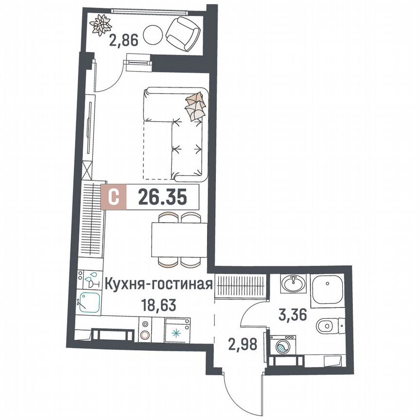 Квартира-студия, 26,4 м², 12/18 эт.