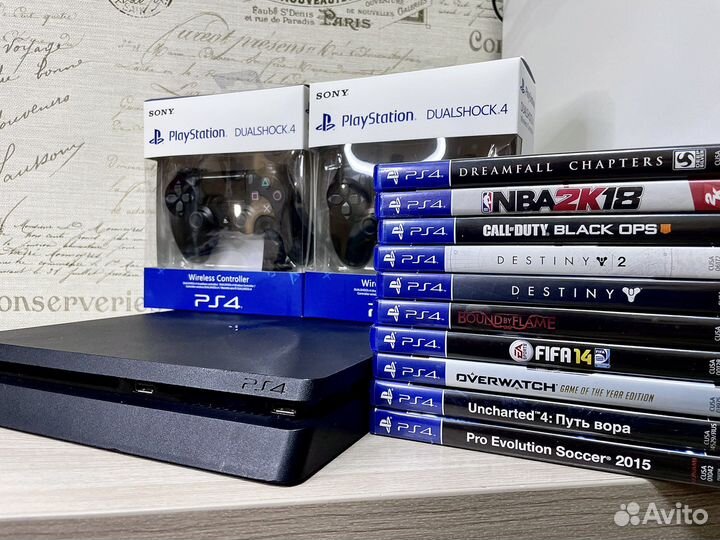 PS4 Slim + 2 геймпада, игры, гарантия