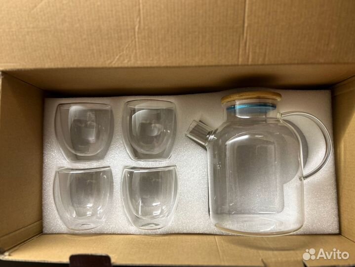 Чайник + 4 стакана с двойным стеклом