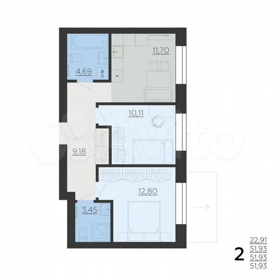 2-к. квартира, 51,9 м², 4/6 эт.