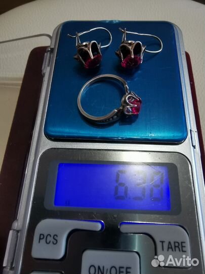 Серебряные серьги и кольцо. Корунд. 875 проба