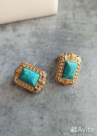 Серьги Клипсы под винтаж с бирюзовым камнем