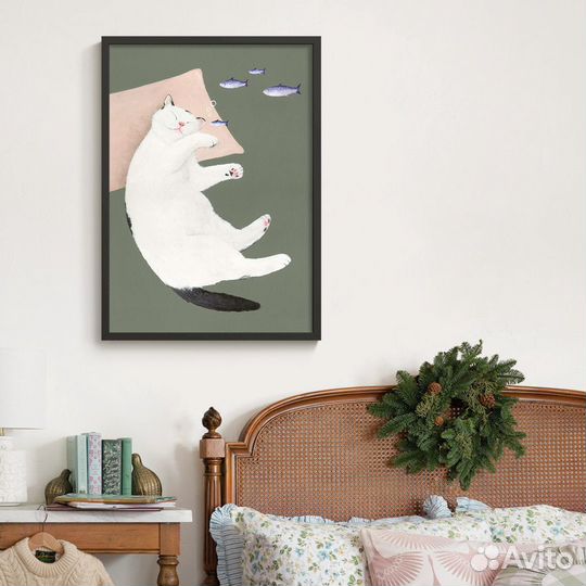 Постер с котиком и рыбками