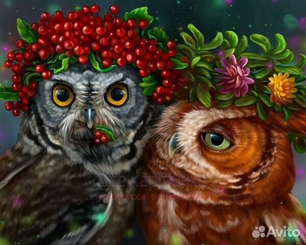 Алмазная мозаика 40x50 Сычи с венками на голове