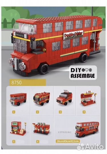 Конструктор Автобус красный 1000 элементов 6в1