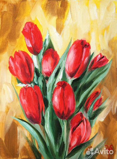 Картина маслом цветы красные тюльпаны