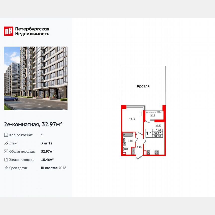 1-к. квартира, 33 м², 3/12 эт.