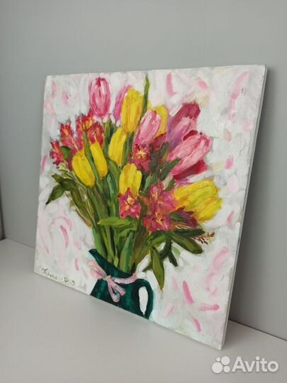 Картина букет тюльпанов на холсте 40 на 40 см