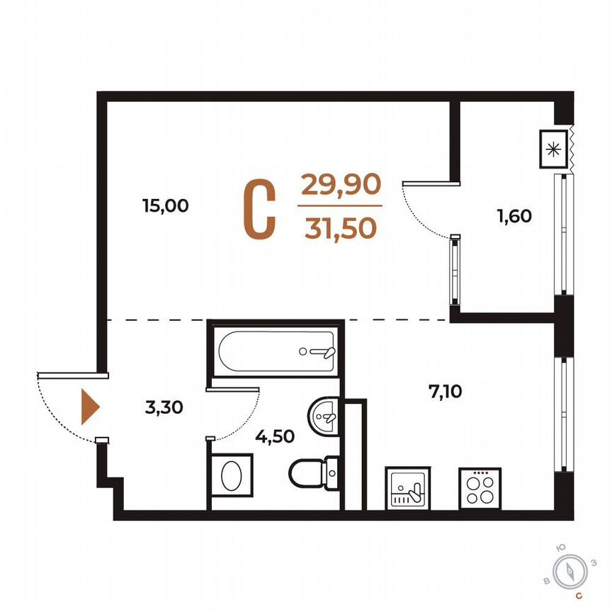 Квартира-студия, 31,5 м², 3/8 эт.