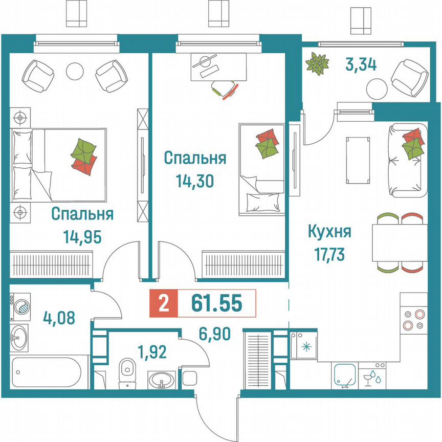 2-к. квартира, 61,6 м², 17/18 эт.
