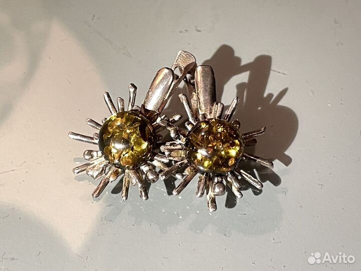 Серьги Солнечные янтарь / серебро