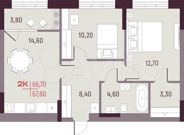 2-к. квартира, 55,7 м², 5/25 эт.