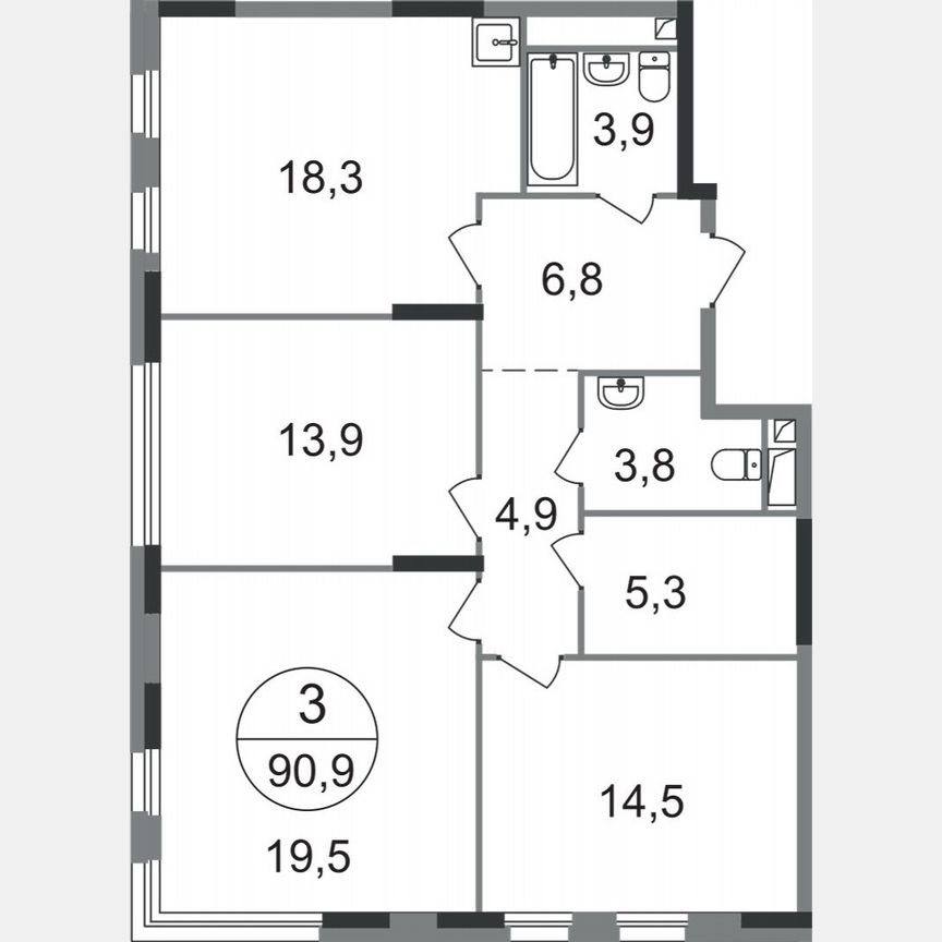 3-к. квартира, 90,9 м², 7/17 эт.