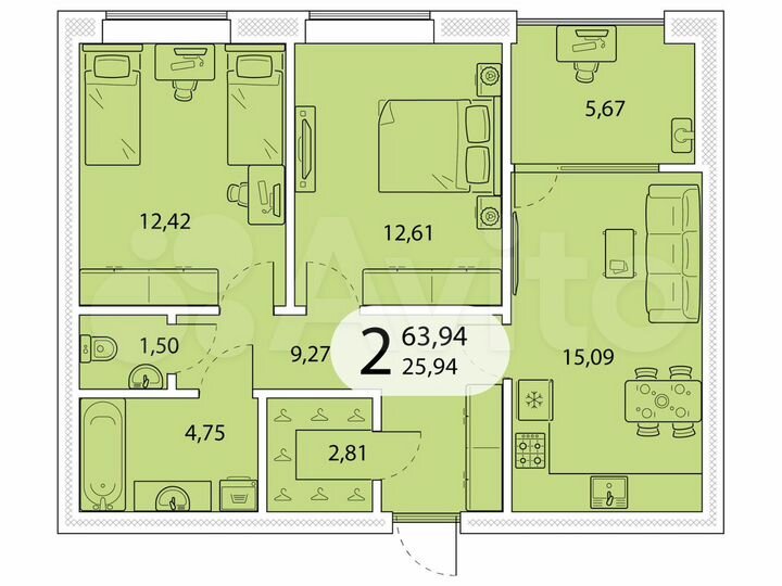 2-к. квартира, 63,9 м², 3/5 эт.