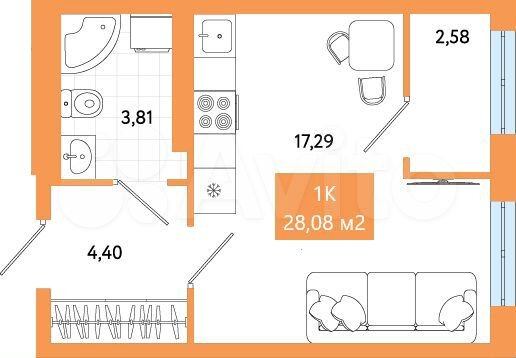 Квартира-студия, 28,1 м², 6/17 эт.