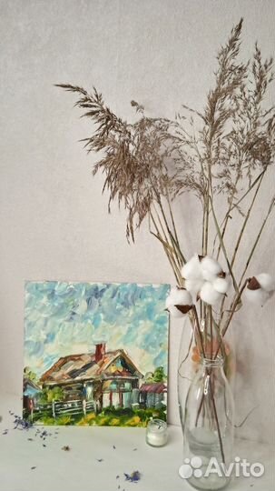 Картина маслом пейзаж, деревенский домик, часовня