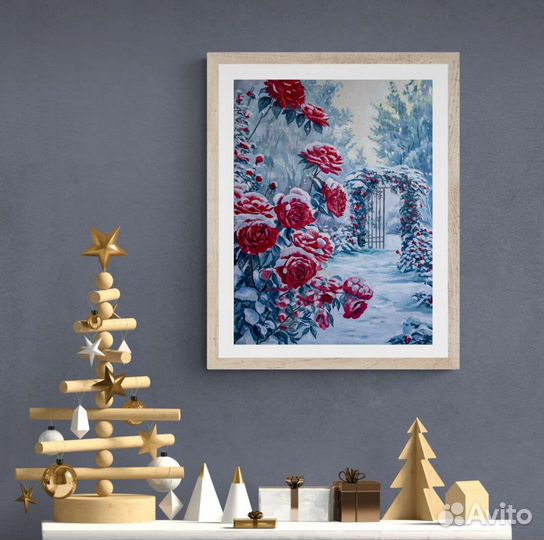 Картина маслом зимний пейзаж Розы в снегу