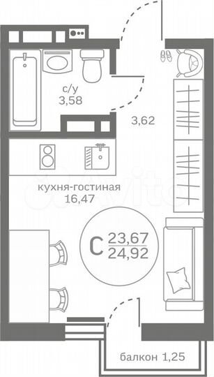 Квартира-студия, 23,7 м², 5/17 эт.