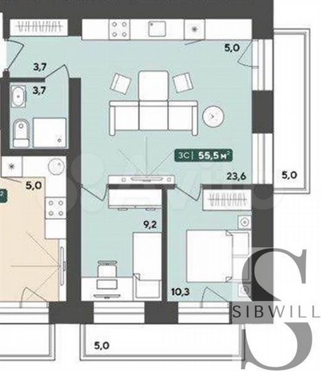 2-к. квартира, 55,5 м², 2/5 эт.