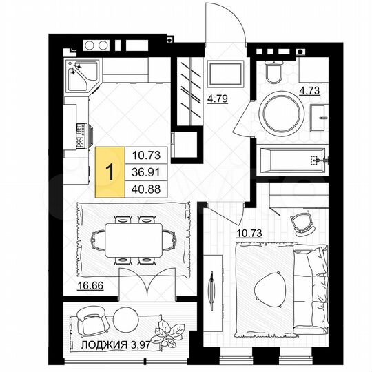 1-к. квартира, 40,9 м², 4/7 эт.