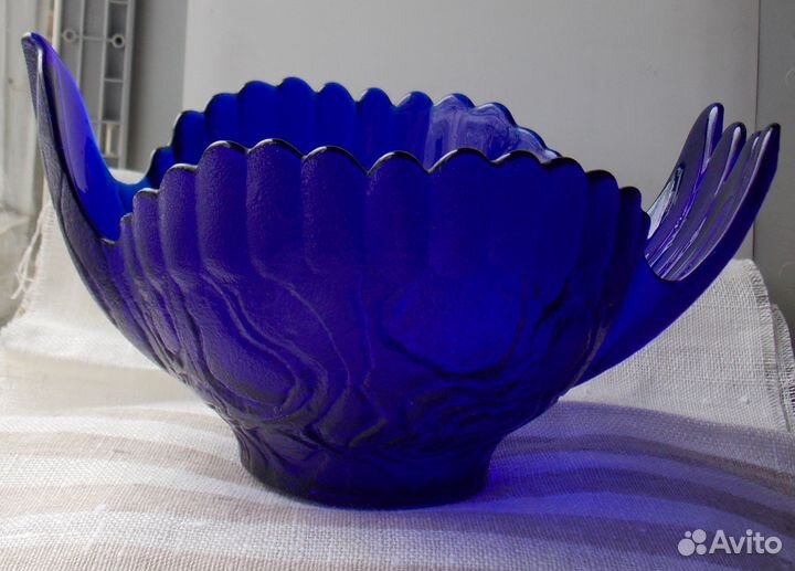 Ваза салатник конфетница Глухарь. Синее стекло