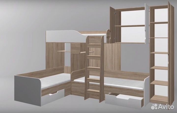 Кровать для троих детей со шкафом Дуб Молочный/Роз