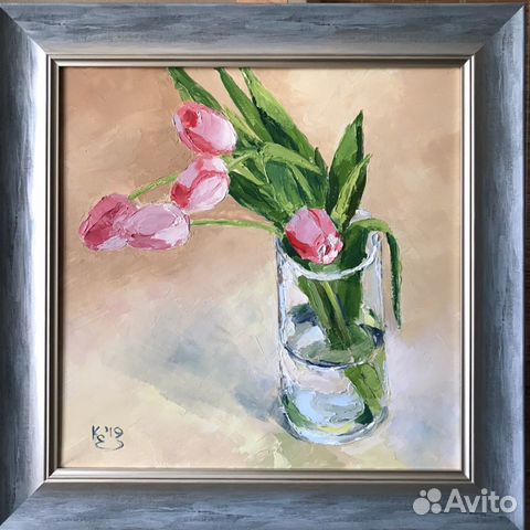 Картина маслом. Тюльпаны в стакане