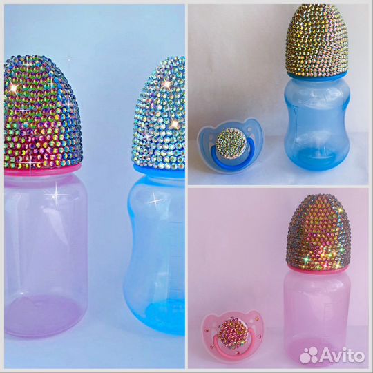 Бутылочка со стразами, соски со стразами