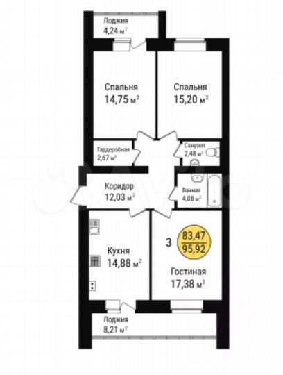 3-к. квартира, 95,9 м², 9/9 эт.