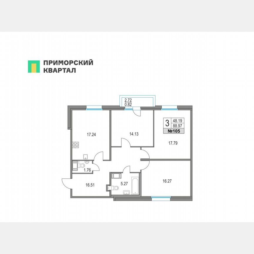 3-к. квартира, 89 м², 15/25 эт.