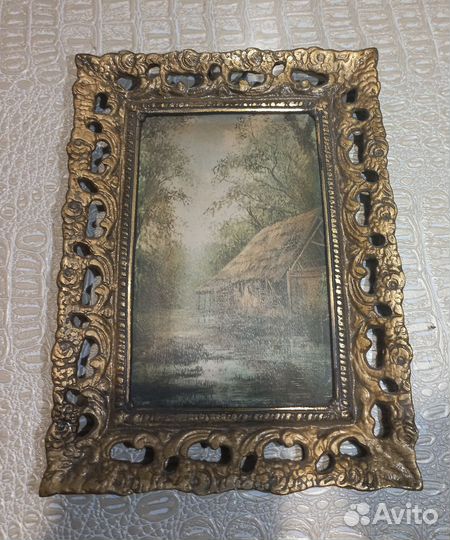 Картина шелкография, рама латунь винтаж