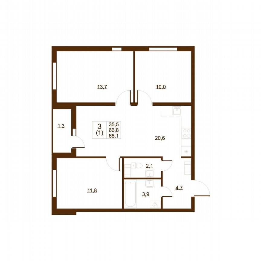3-к. квартира, 68,1 м², 4/8 эт.