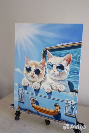 Картина маслом Котики поехали в отпуск Коты