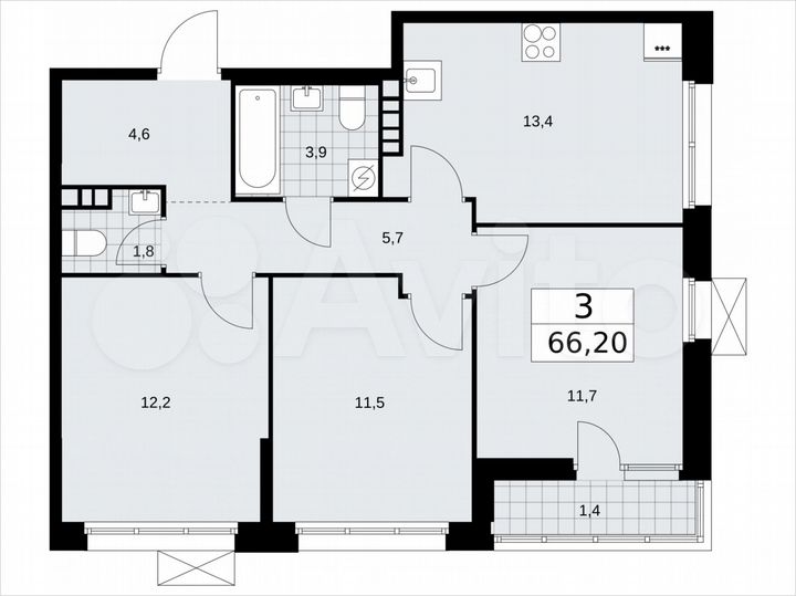 3-к. квартира, 66,2 м², 4/9 эт.