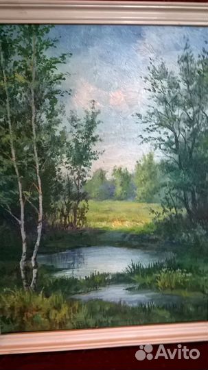 Картина. Пейзаж в белой раме. Масло