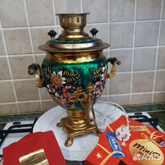 Самовар электрический 3л латунь роспись Палех СССР
