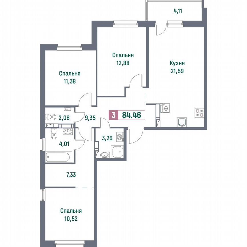 3-к. квартира, 84,5 м², 5/16 эт.