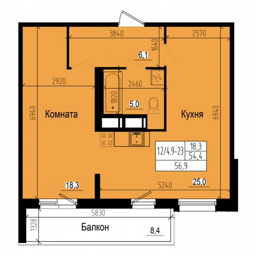 1-к. квартира, 56,9 м², 22/23 эт.