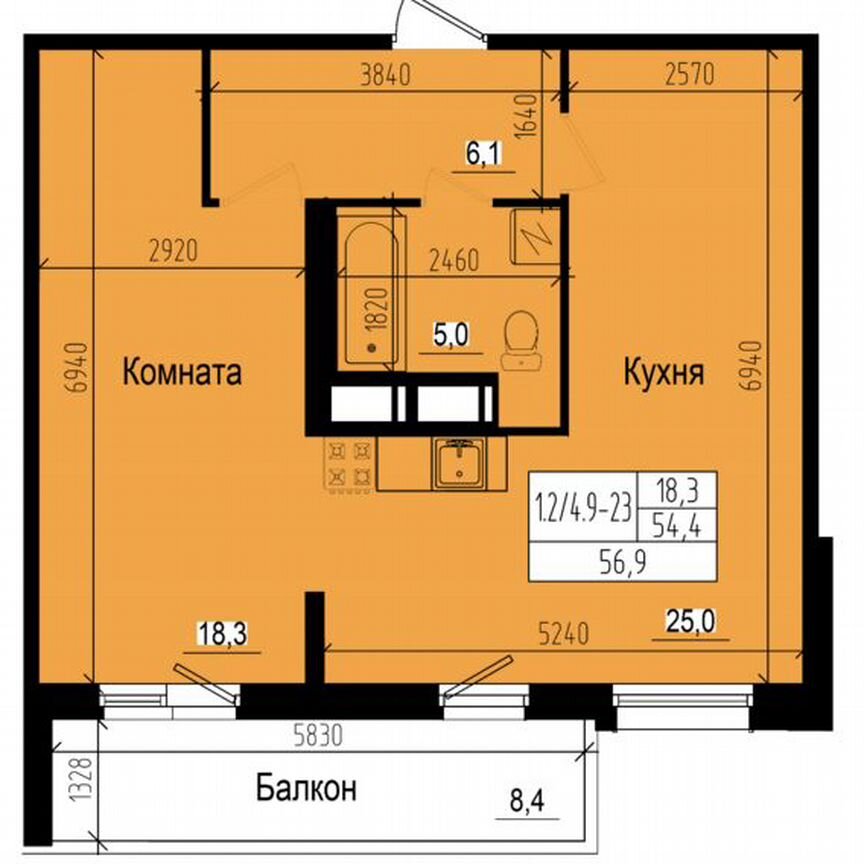 1-к. квартира, 56,9 м², 22/23 эт.