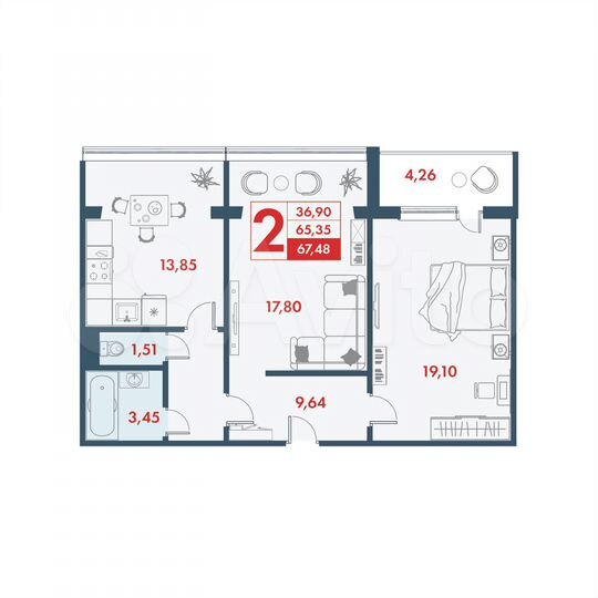 2-к. квартира, 67,5 м², 3/10 эт.