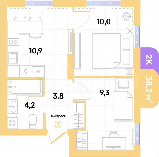2-к. квартира, 38,2 м², 14/16 эт.