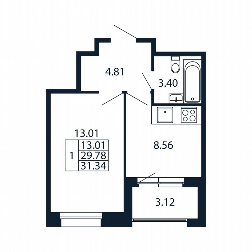 1-к. квартира, 31,3 м², 3/12 эт.