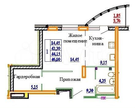 1-к. квартира, 46 м², 1/11 эт.