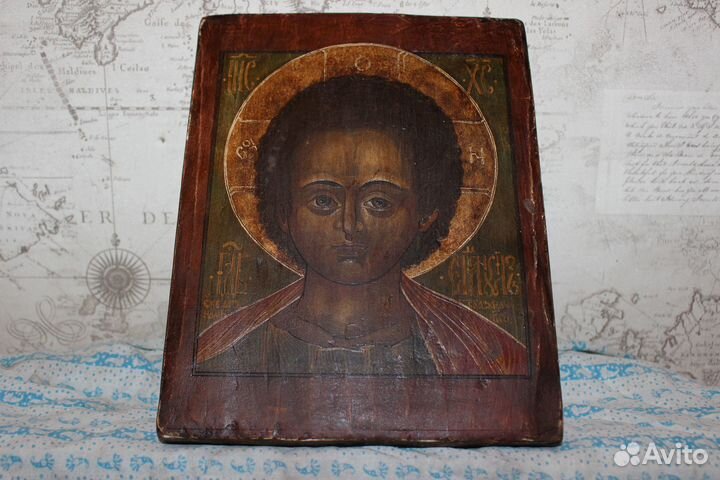 Старинная икона Спас Эммануил 30*24 живопись золот