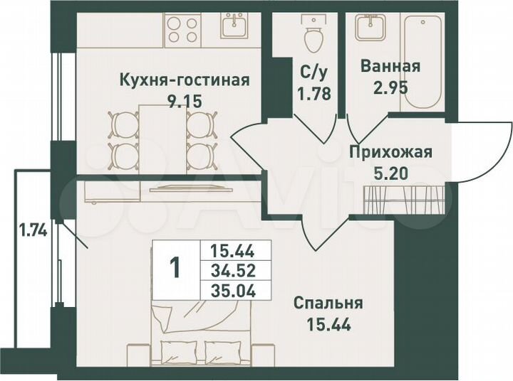 1-к. квартира, 35 м², 11/16 эт.
