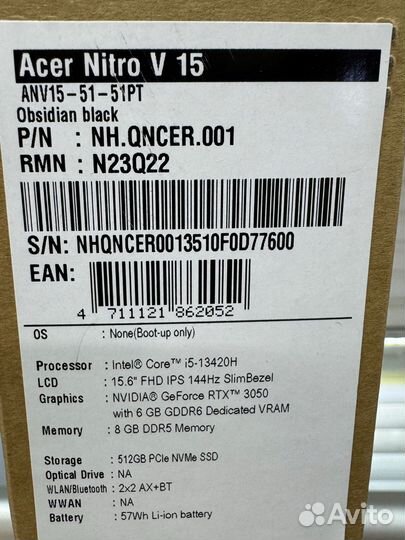 Новый ноутбук Acer Nitro core 15-13420H/RTX 3050