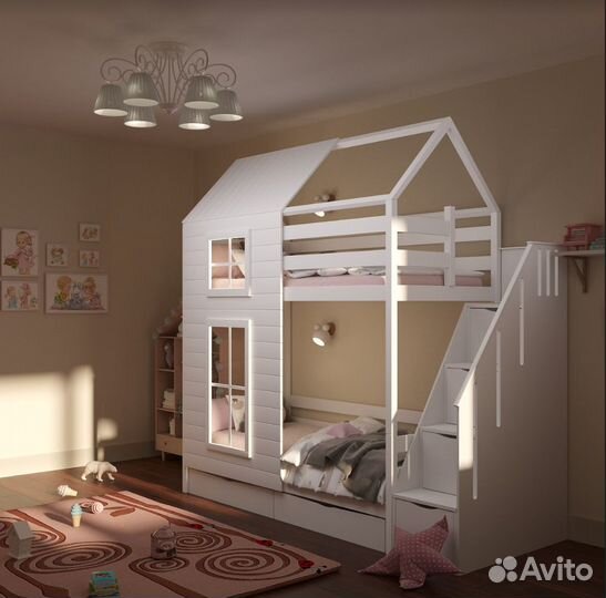 Детская двухъярусная 160х80 кроватка домик
